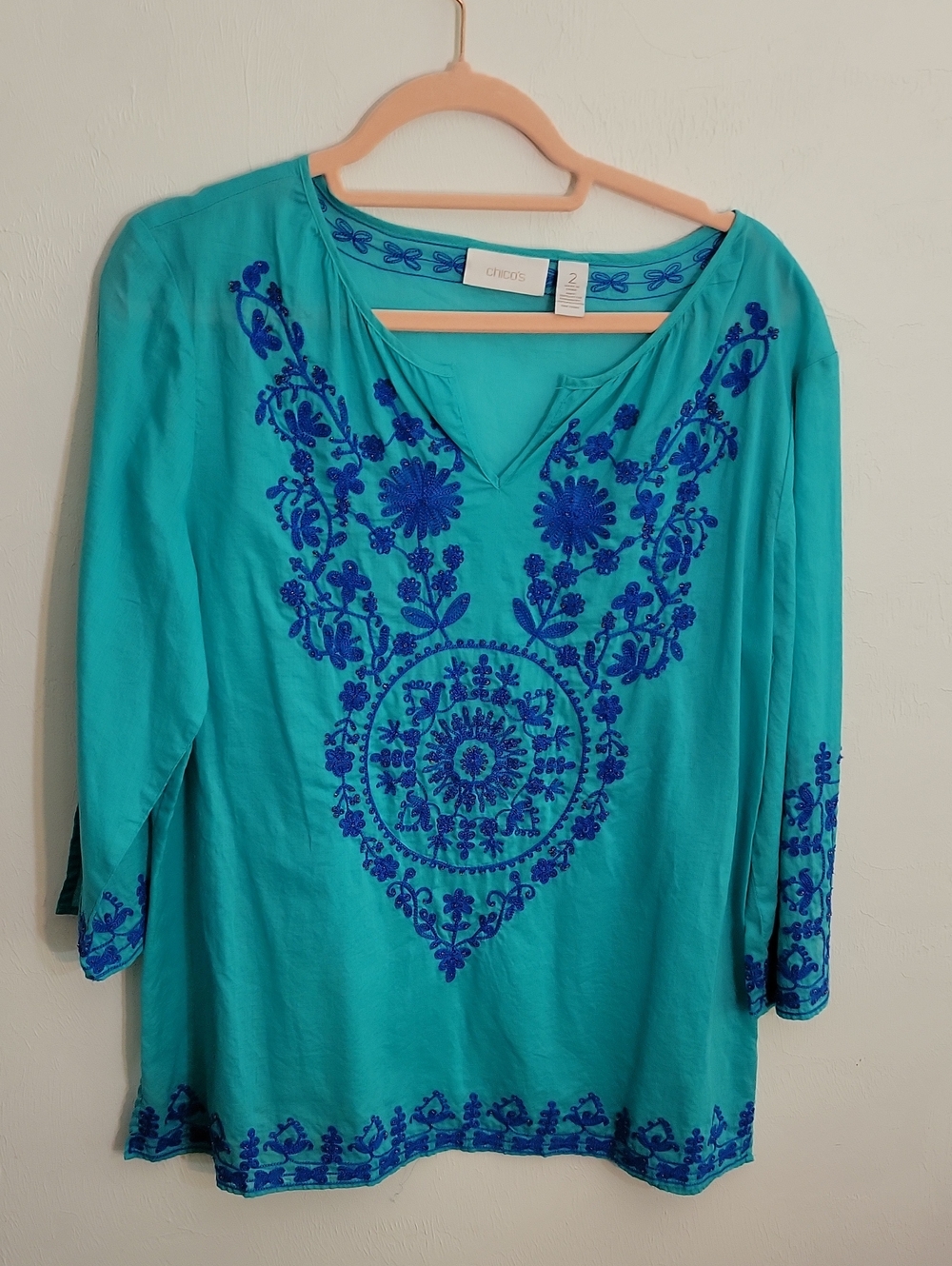 Chico's Turquoise Tunic with Royal Blue Embroidery